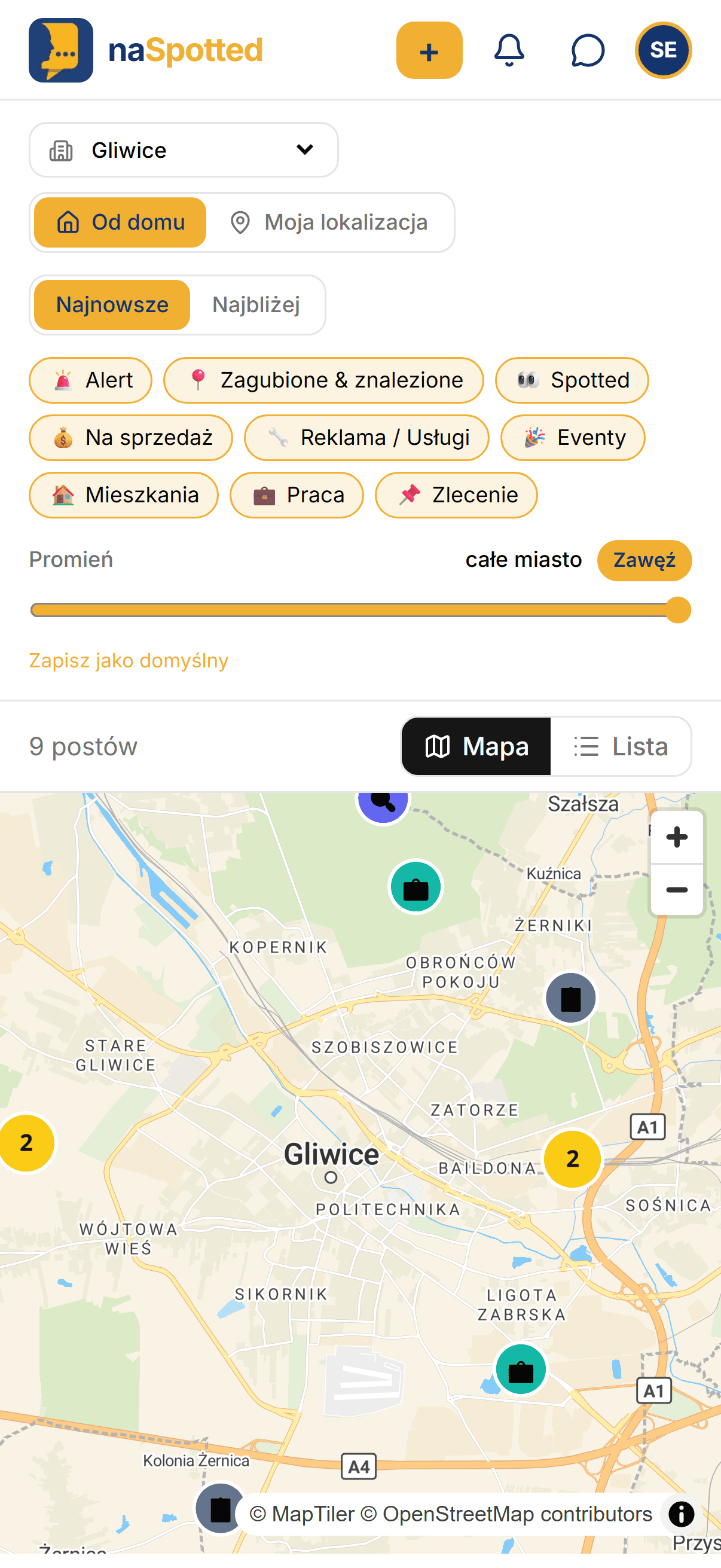 naSpotted - mapa Gliwic z ogłoszeniami