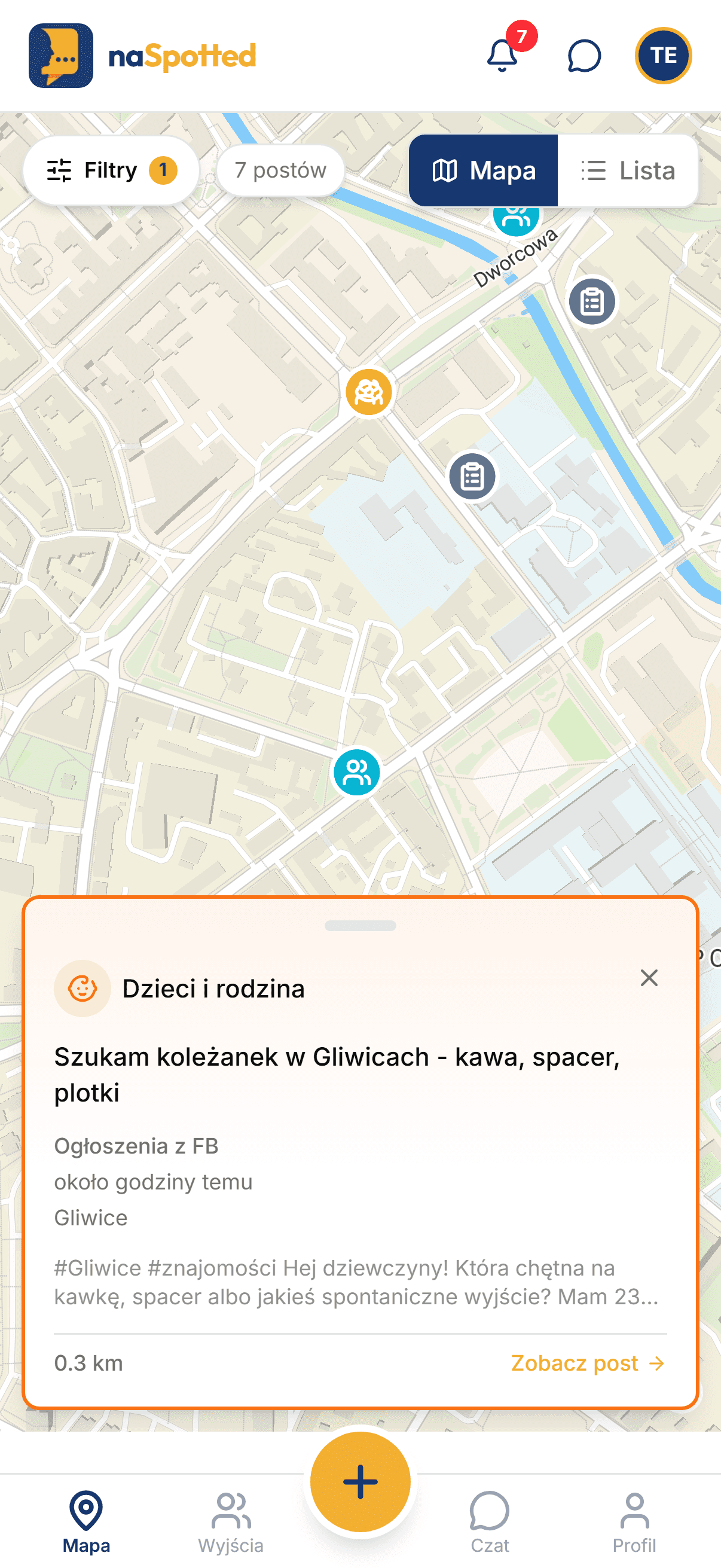 naSpotted - mapa okolicy z kartą wspólnego wyjścia