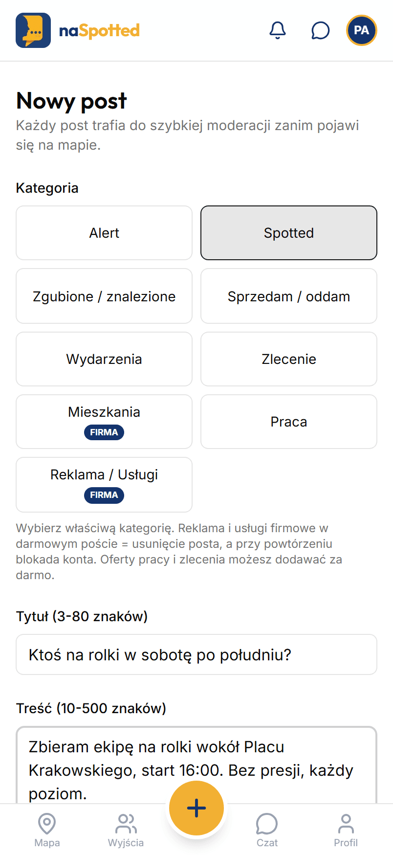 naSpotted - dodawanie ogłoszenia w Warszawie